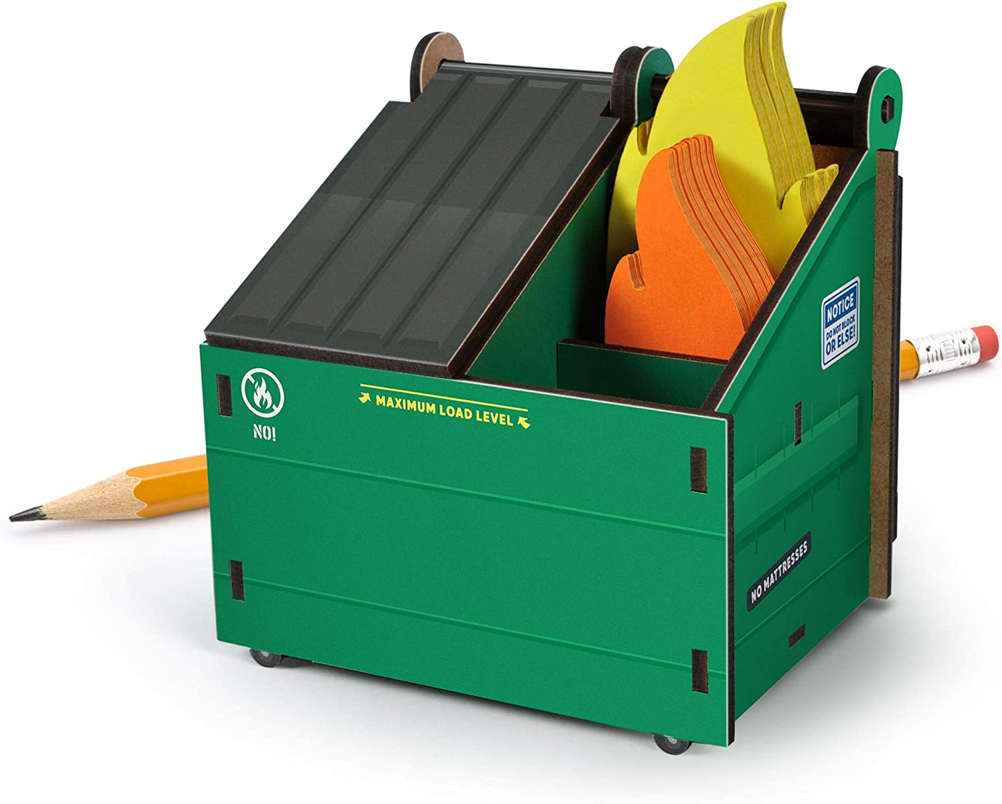 DESK DUMPSTER Pencil Holder with Flame Note Cards 3 Compartments for Desk and Office Supplies