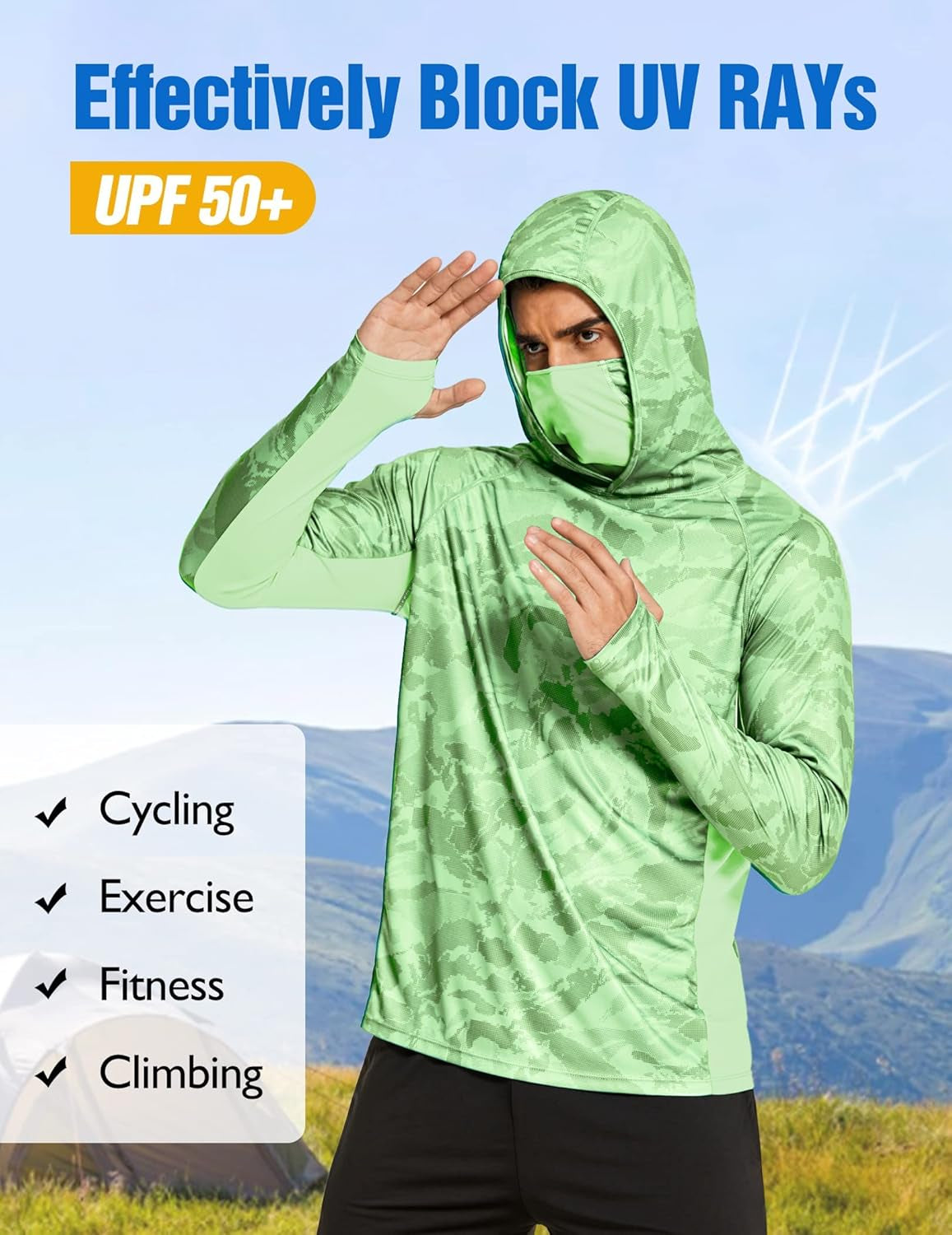 Men'S Hooded Sun Shirts with Mask Fishing Shirts for Men Long Sleeve UPF 50 Rash Guards Cooling Hoodies Hiking Shirts