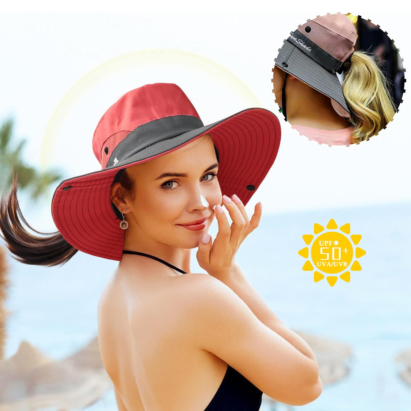 Summer Bucket Hat Boonie Women Ponytail Cap Wide Brim Sun UV Protection Travel