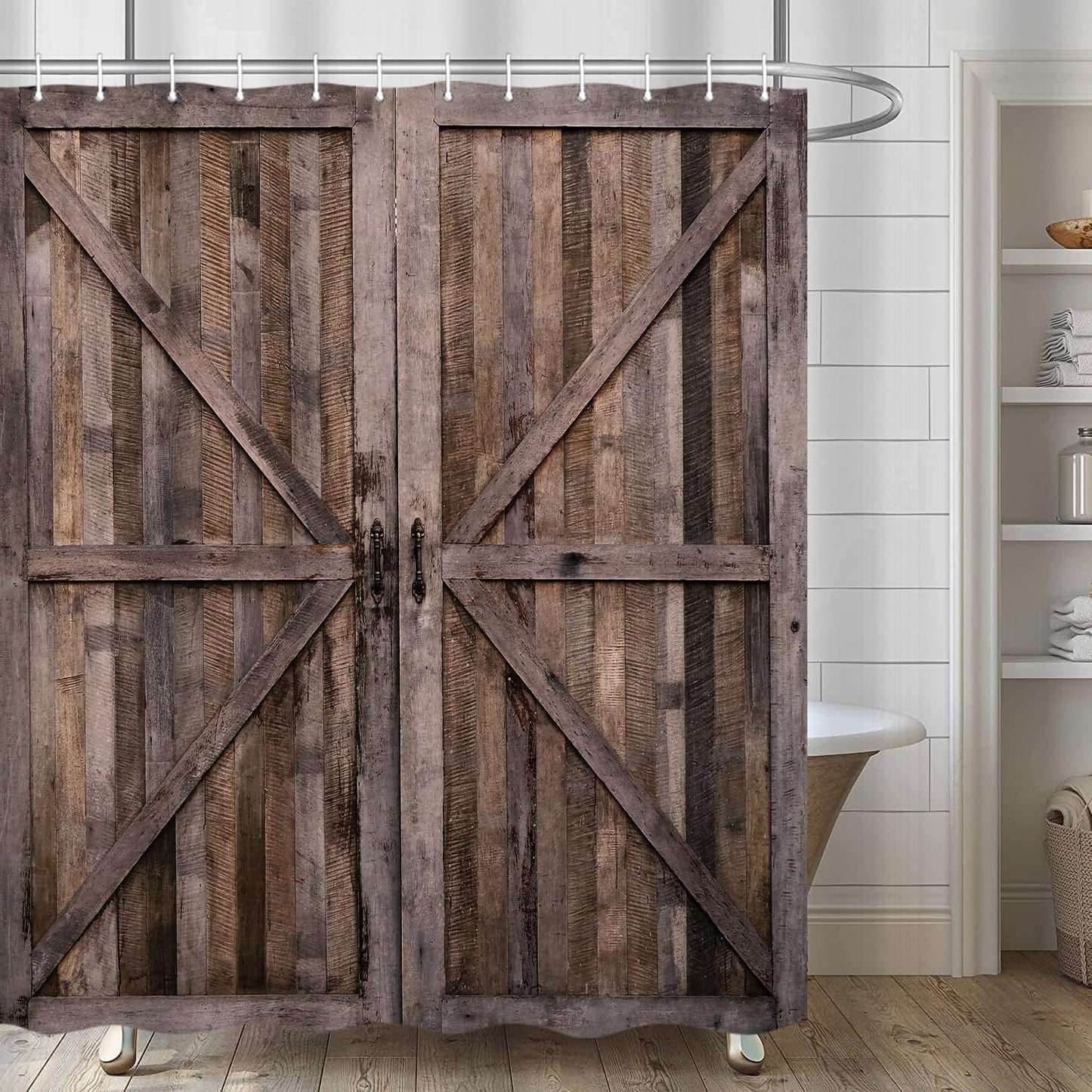 Rustic Wooden Barn Door Shower Curtains Waterproof Polyester Durable Cloth with Hooks,72x72