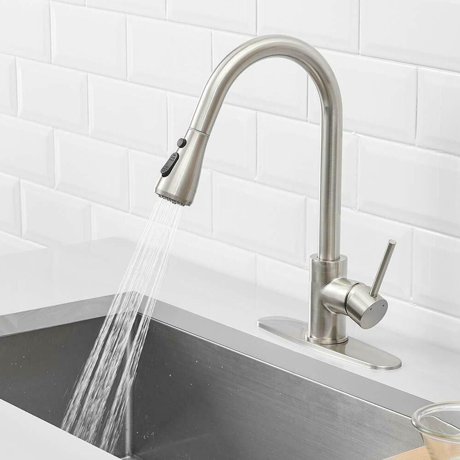 Kitchen Sink Faucet Brushed Nickel Single Handle Swivel Pull down Sprayer Mixer