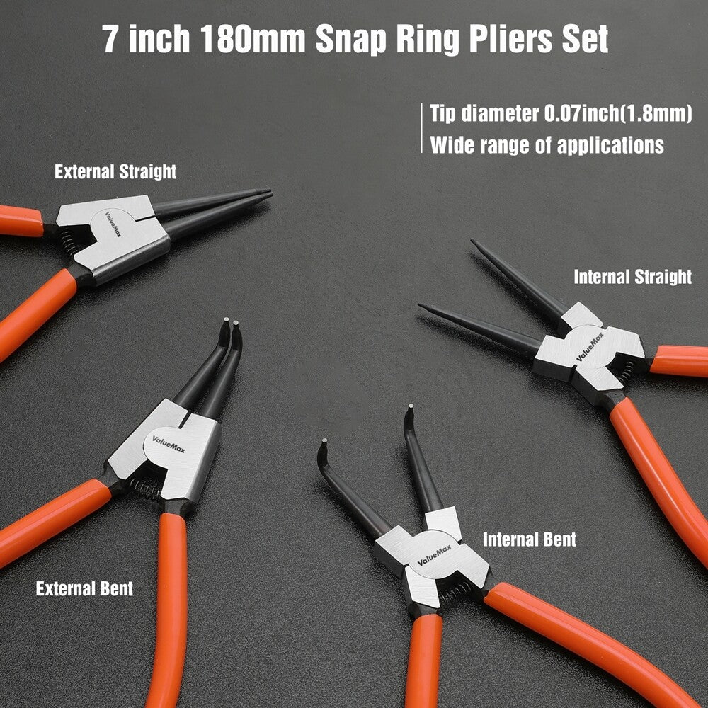 4 Pc Heavy Duty 7" Circlip Plier Snap Ring Pliers External Internal Kit W/ Pouch