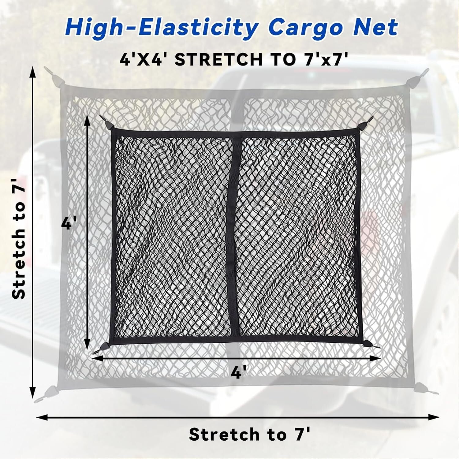 Cargo Net for Pickup Truck Bed Heavy Duty Net Mesh Organizer, 4'X4' to 7'X7'