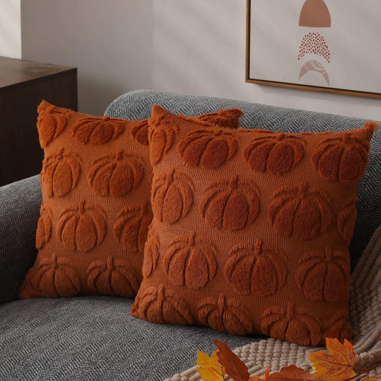 Set of 2 Fall Pillow Covers Fall Decorations Autumn Rust Pumpkin Throw Pillow Cases Soft Plush Faux Fur Wool Couch Cushion Case for Chair Sofa 18x18 