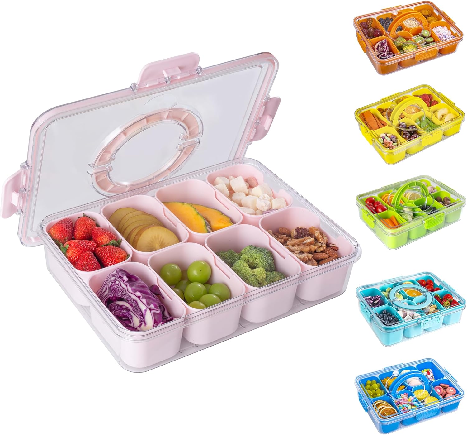 Divided Snack Serving Tray with Lid and Handle Travel Snackle Box Charcuterie Container Portable Storage Organizer for Candy, Fruits, Nuts, Snacks 1Pack White