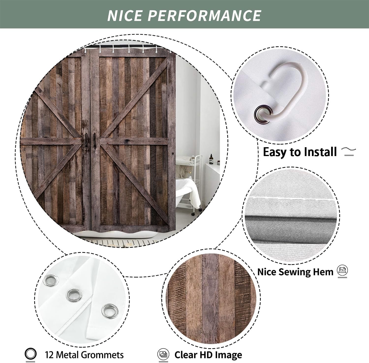 Rustic Wooden Barn Door Shower Curtains Waterproof Polyester Durable Cloth with Hooks,72x72