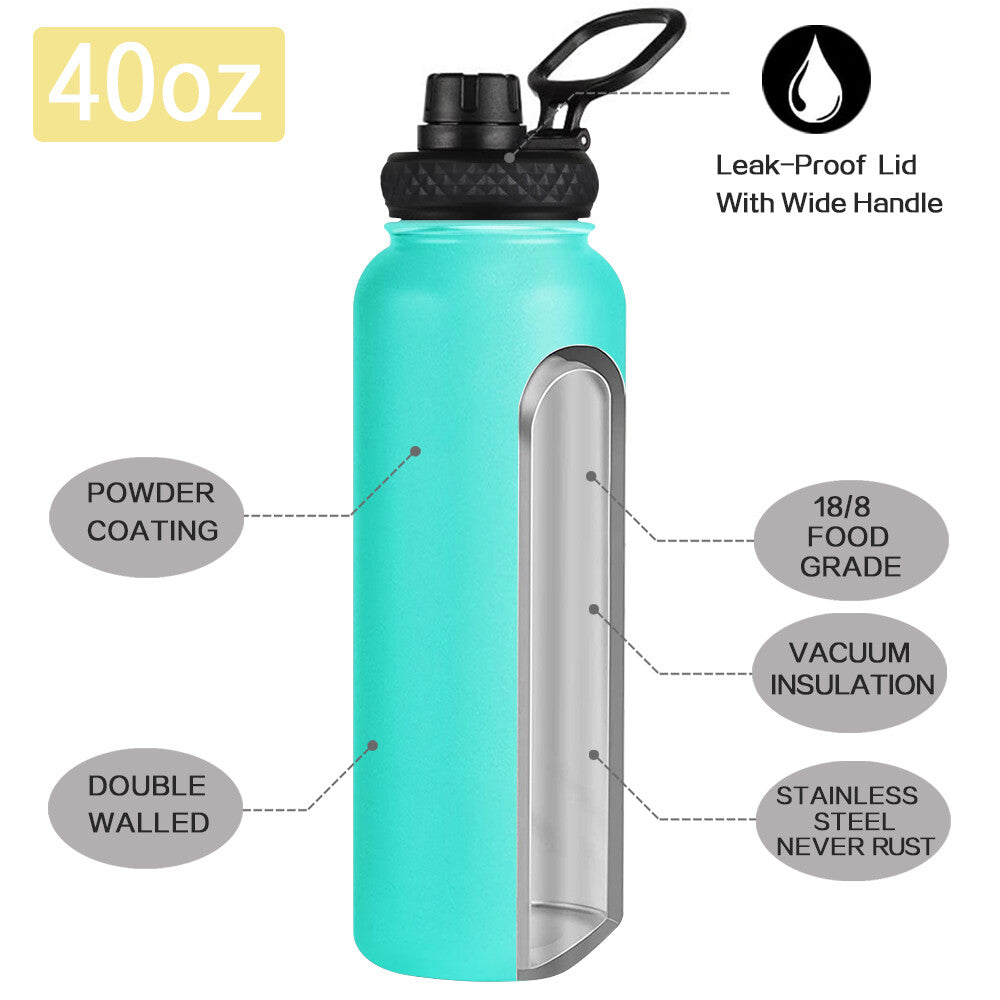 Water Bottle Stainless Steel Vacuum Double Wall Insulation Sport Wide Mouth 40 Oz 