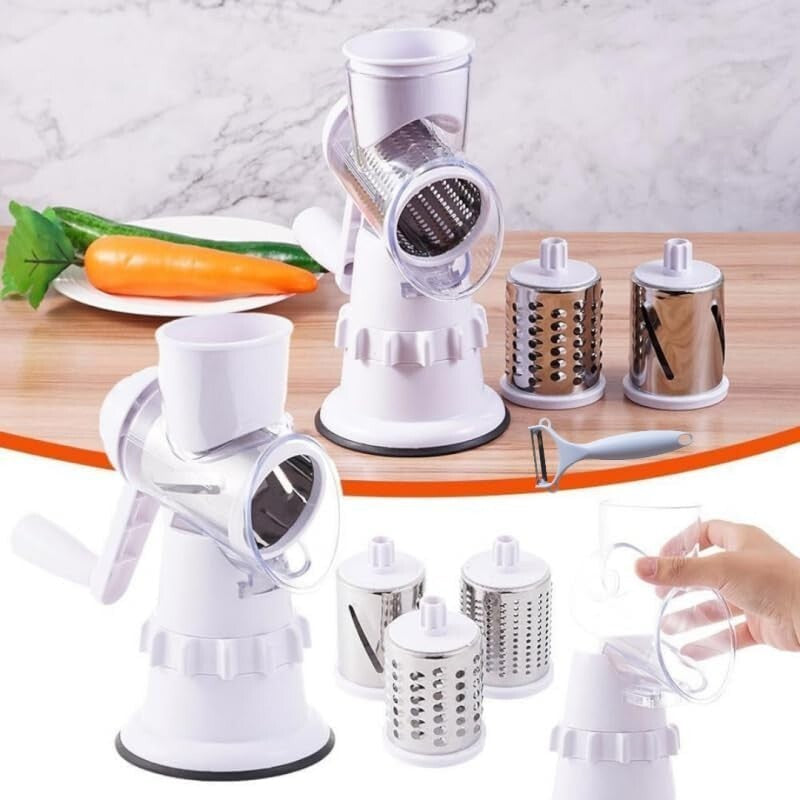 3-In-1 Manual Rotary Cheese & Vegetable Grater – Stainless Steel Blades with Suction Base