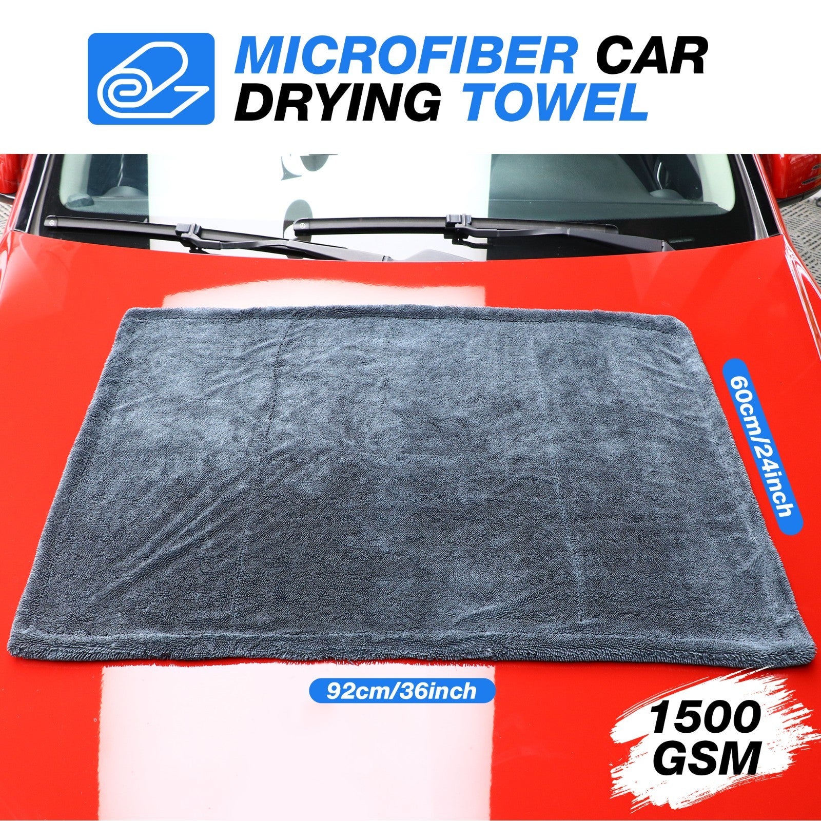  Water Absorbing Car Wash Microfiber Drying Towel Twisted Loop 1500GSM 24 X 36"