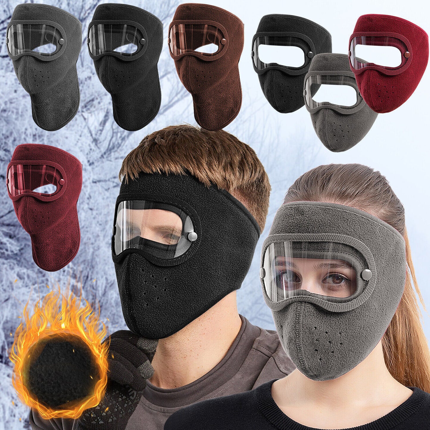 Fleece Warm Winter Balaclava Face Mask with Anti-Fog Goggles Windproof Skull Cap