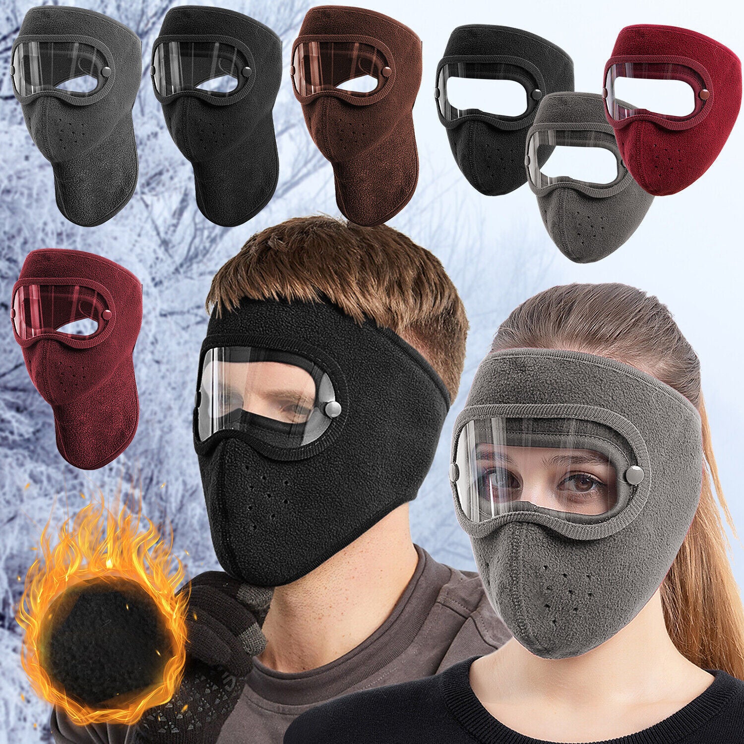 Fleece Warm Winter Balaclava Face Mask with Anti-Fog Goggles Windproof Skull Cap