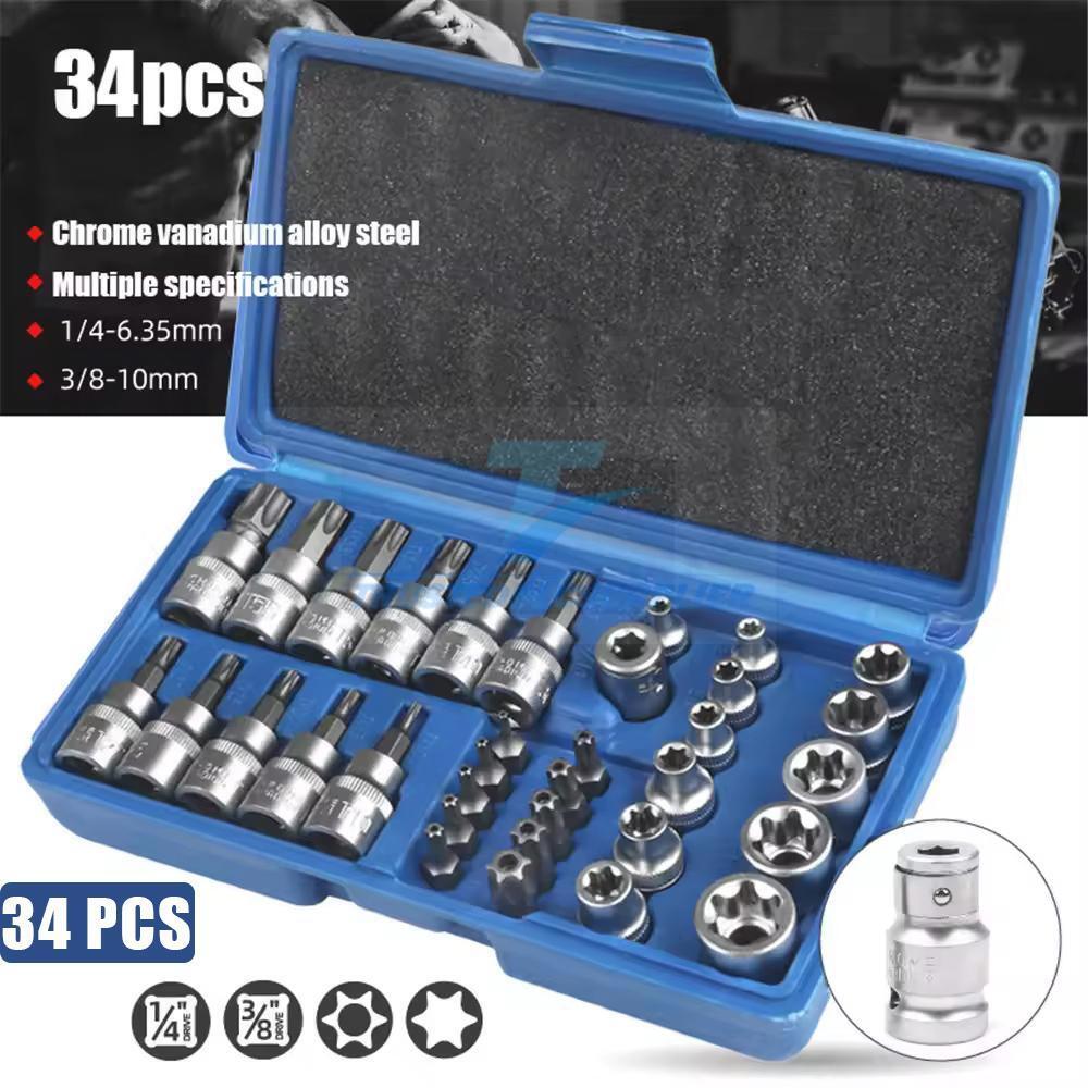 NEW 34Pcs Torx Star Sockets & Bit Set Male Female E-Torx Security Bits 3/8 Drive