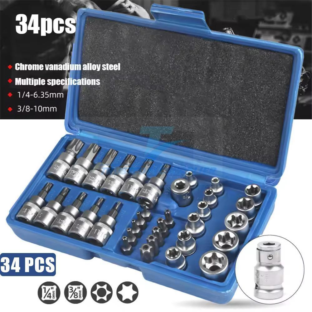 NEW 34Pcs Torx Star Sockets & Bit Set Male Female E-Torx Security Bits 3/8 Drive
