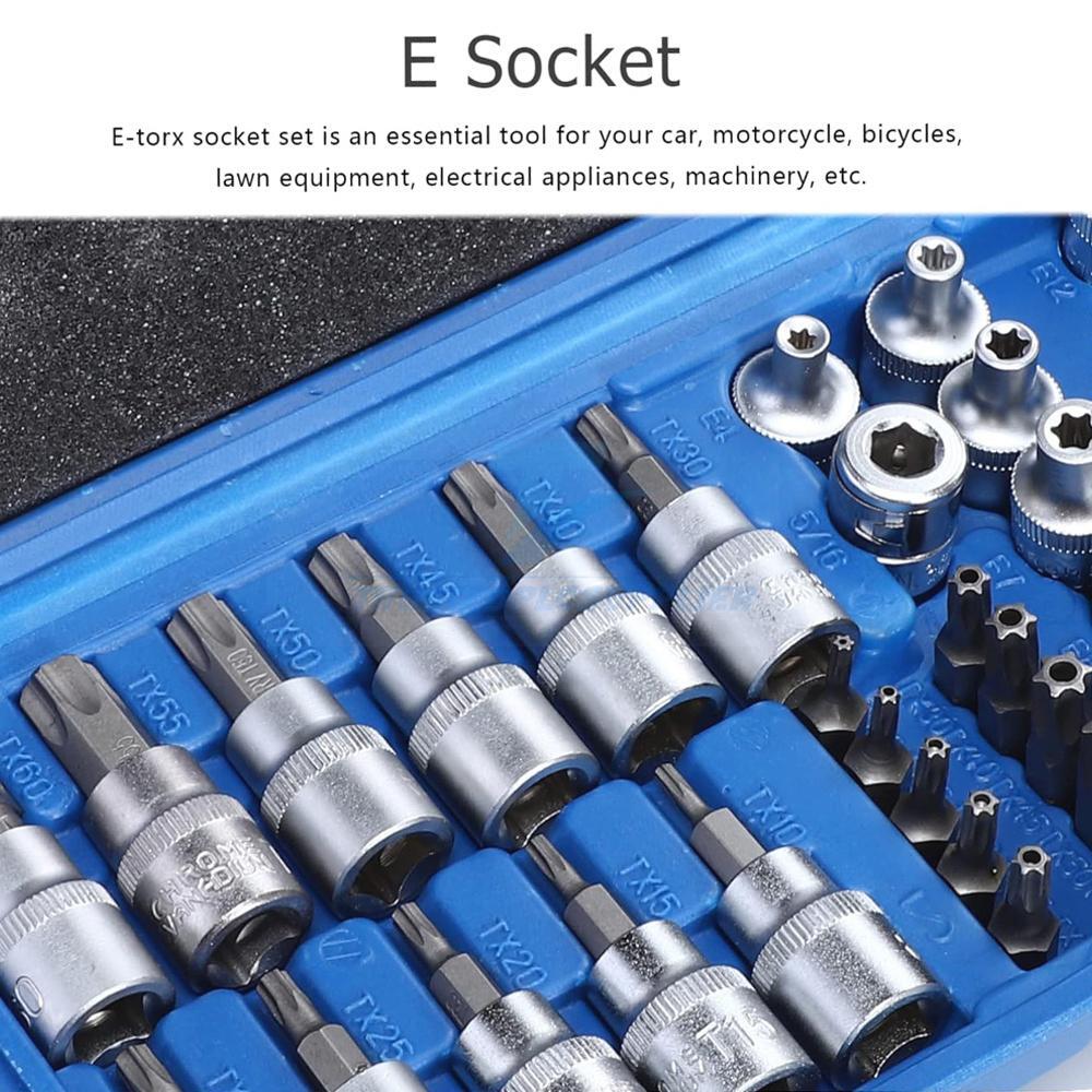 NEW 34Pcs Torx Star Sockets & Bit Set Male Female E-Torx Security Bits 3/8 Drive