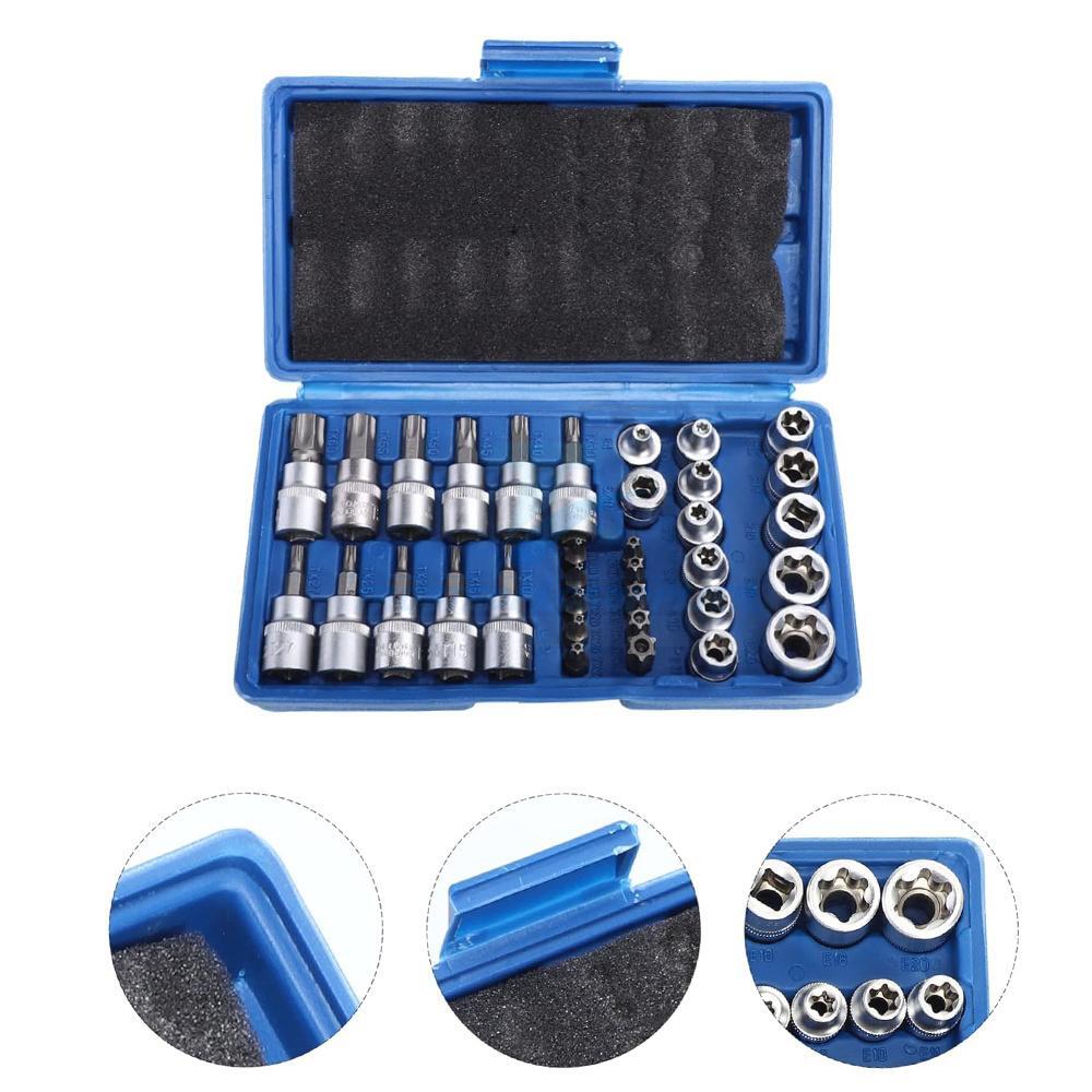 NEW 34Pcs Torx Star Sockets & Bit Set Male Female E-Torx Security Bits 3/8 Drive