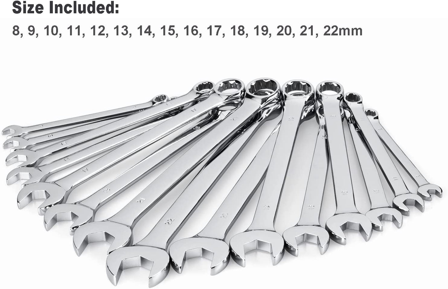 15-Piece Chrome Vanadium Steel Combination Wrench Set Metric Sizes 8-22mm with Storage Rack