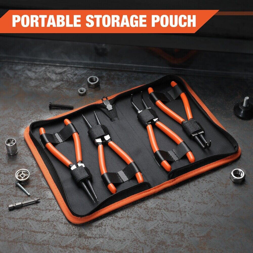 4 Pc Heavy Duty 7" Circlip Plier Snap Ring Pliers External Internal Kit W/ Pouch