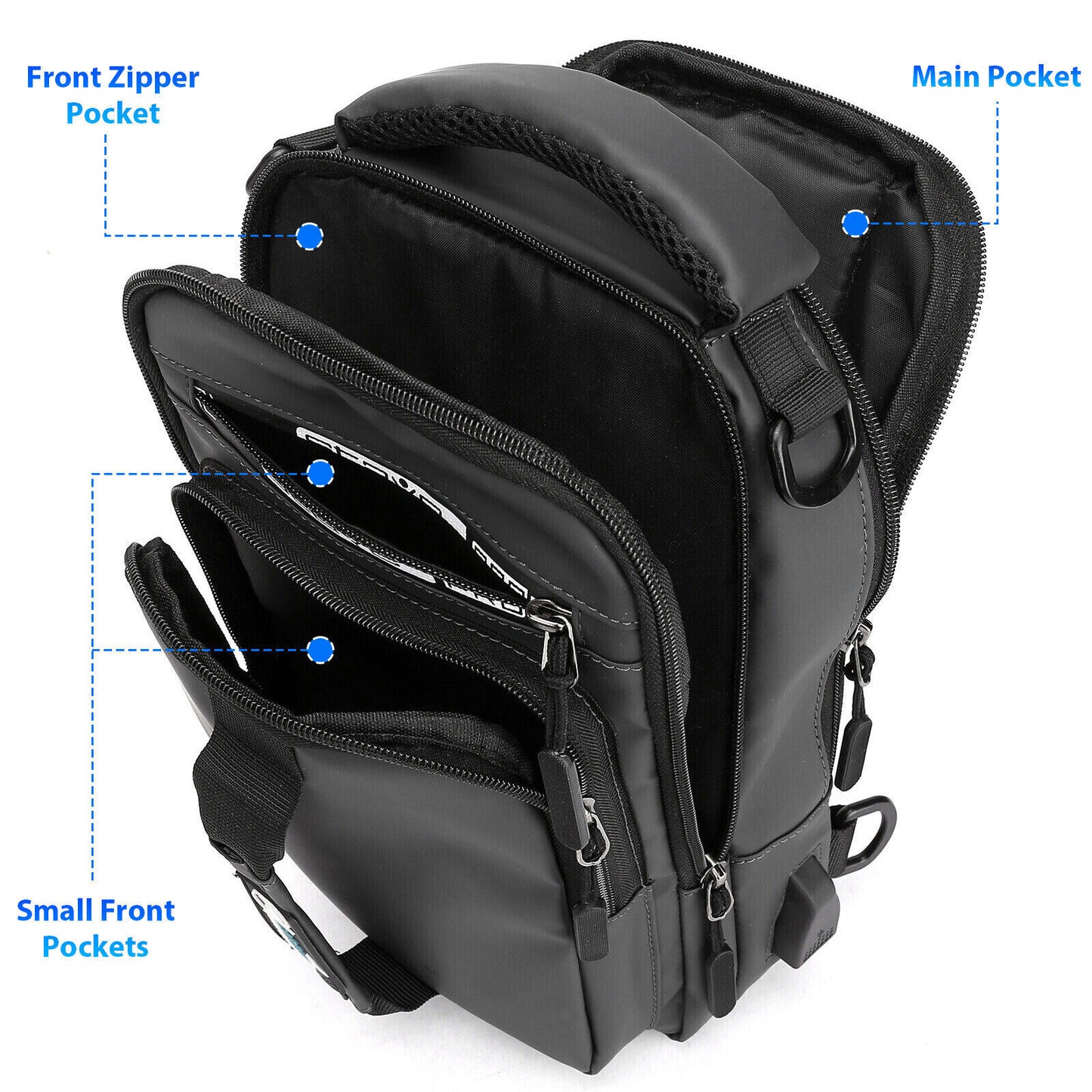 Anti-Theft Men'S Sling Crossbody Bag Chest Shoulder Messenger Backpack USB Port