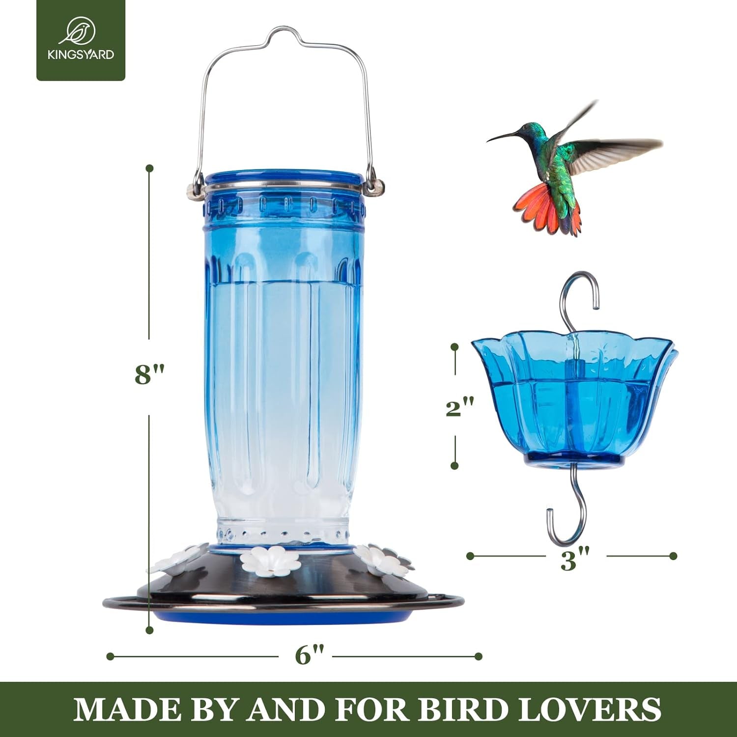 Glass Hummingbird Feeder for Outdoors Wild Bird Feeder with 6 Feeding Ports Hanging for Garden Yard, Blue (Ant Moat Included)