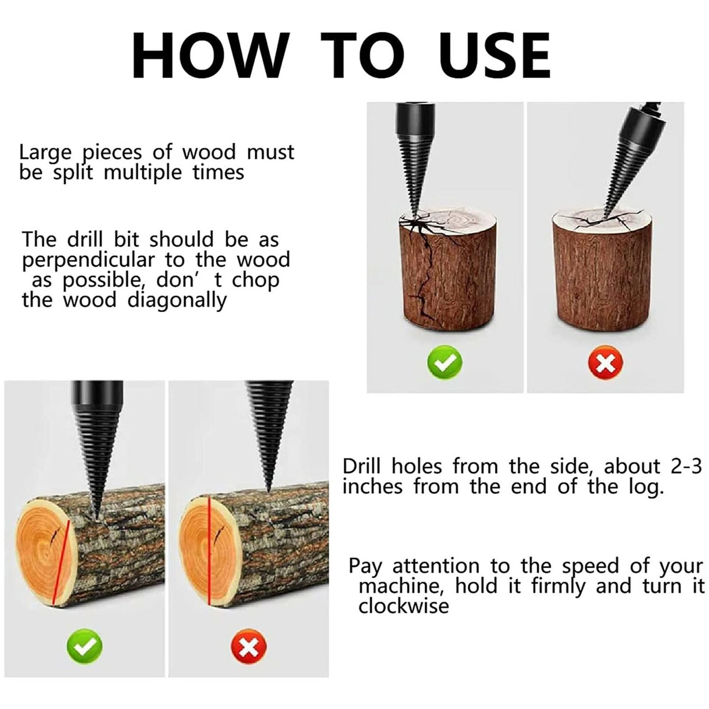 4X High Speed Twist Firewood Drill Bit Wood Splitter Screw Splitting Cone Driver