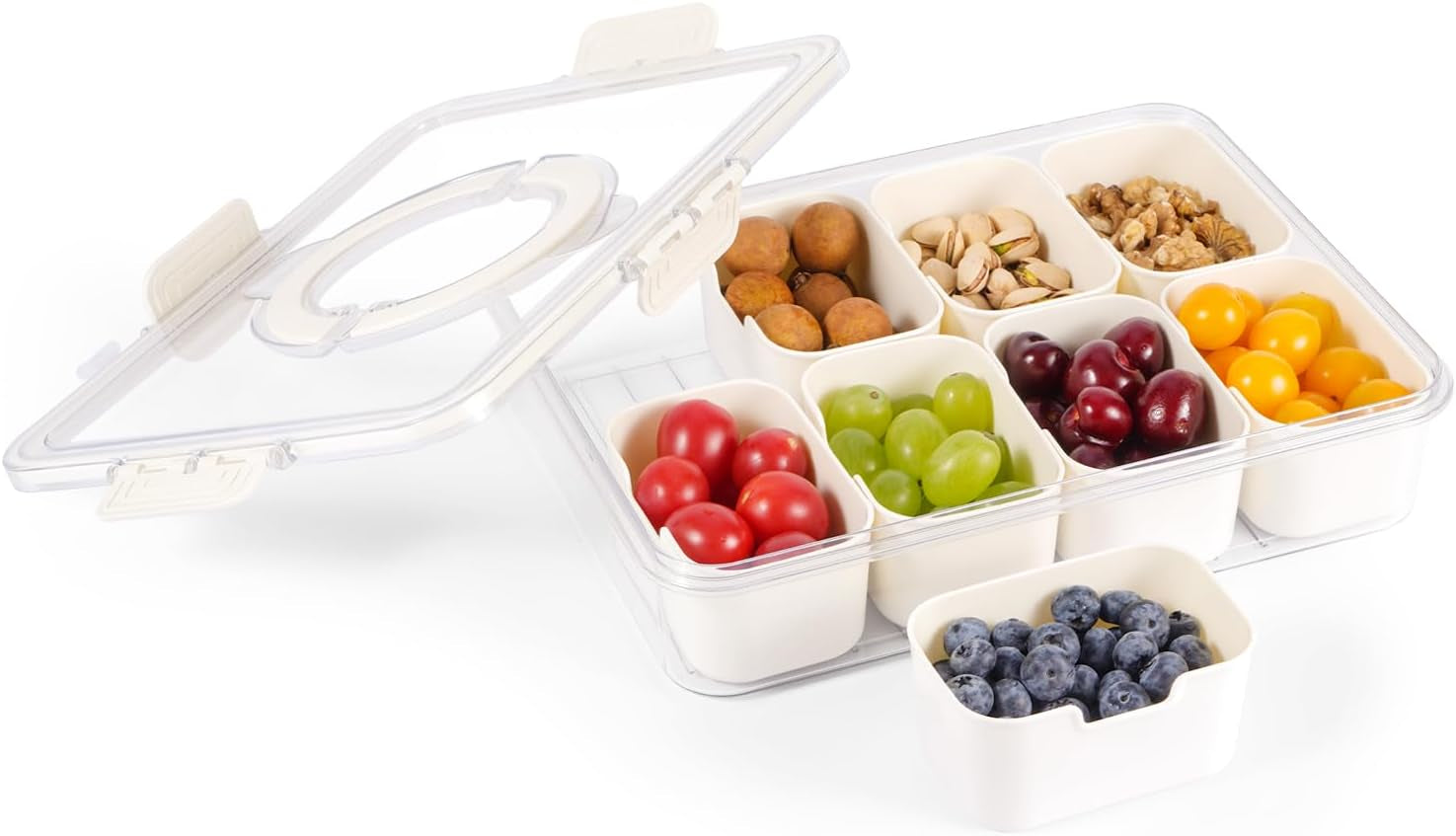 Divided Serving Tray with Lid and Handle - Snackle Box Charcuterie Container for Portable Snack Platters - Clear Organizer for Candy, Fruits, Nuts, Snacks - Perfect for Party, Entertaining