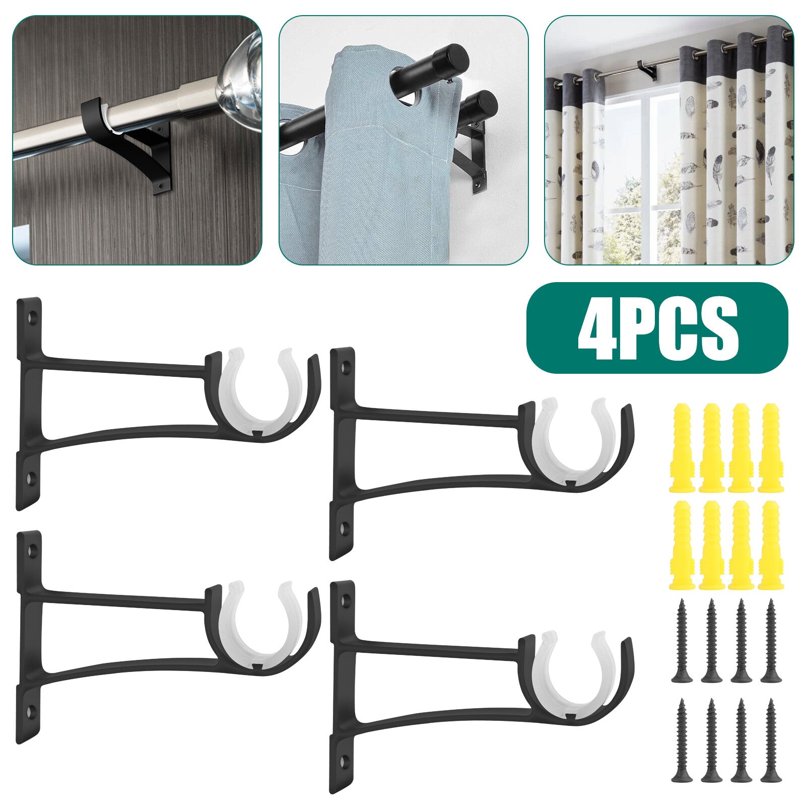 4Pcs Curtain Pole Rod Brackets Window Holder Aluminum Alloy Heavy Duty Hardware