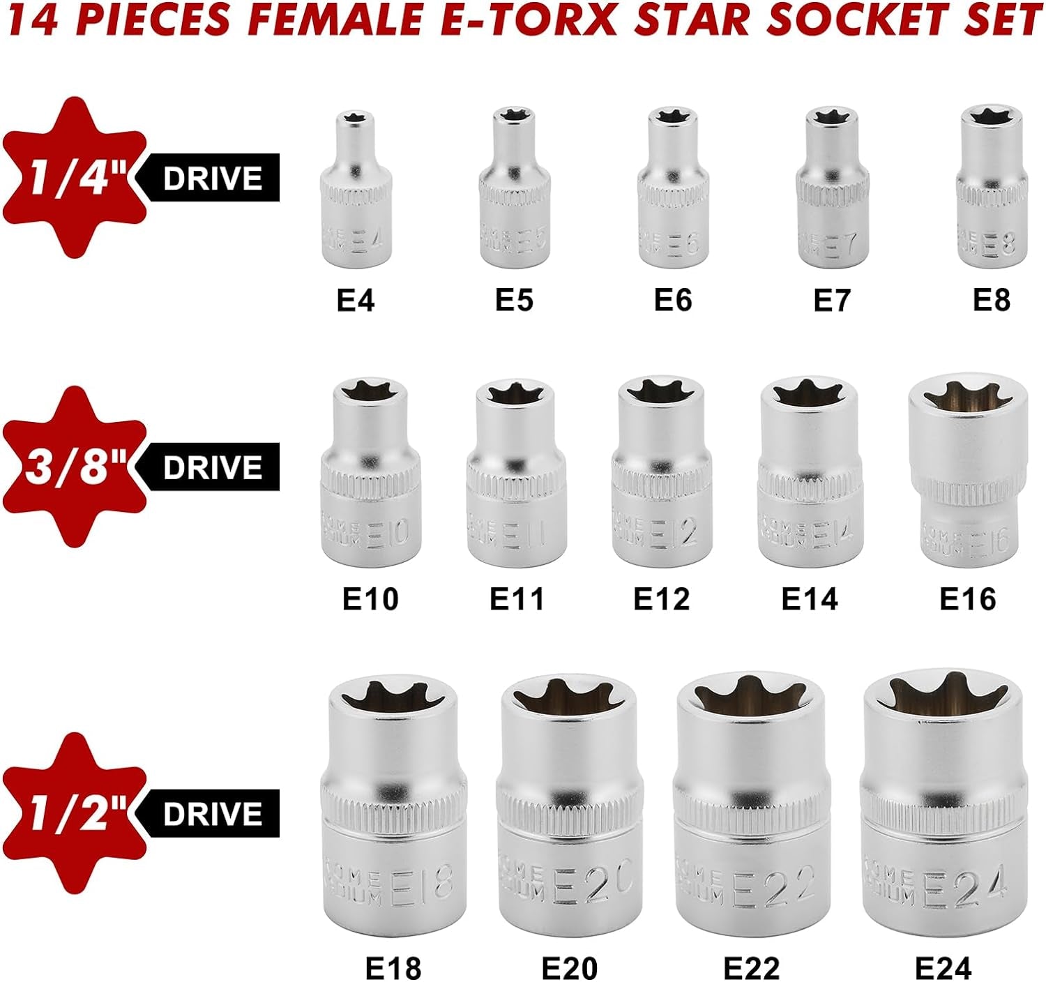 14 Pieces Female External Star Socket Set E4 - E24 Torque Socket Set