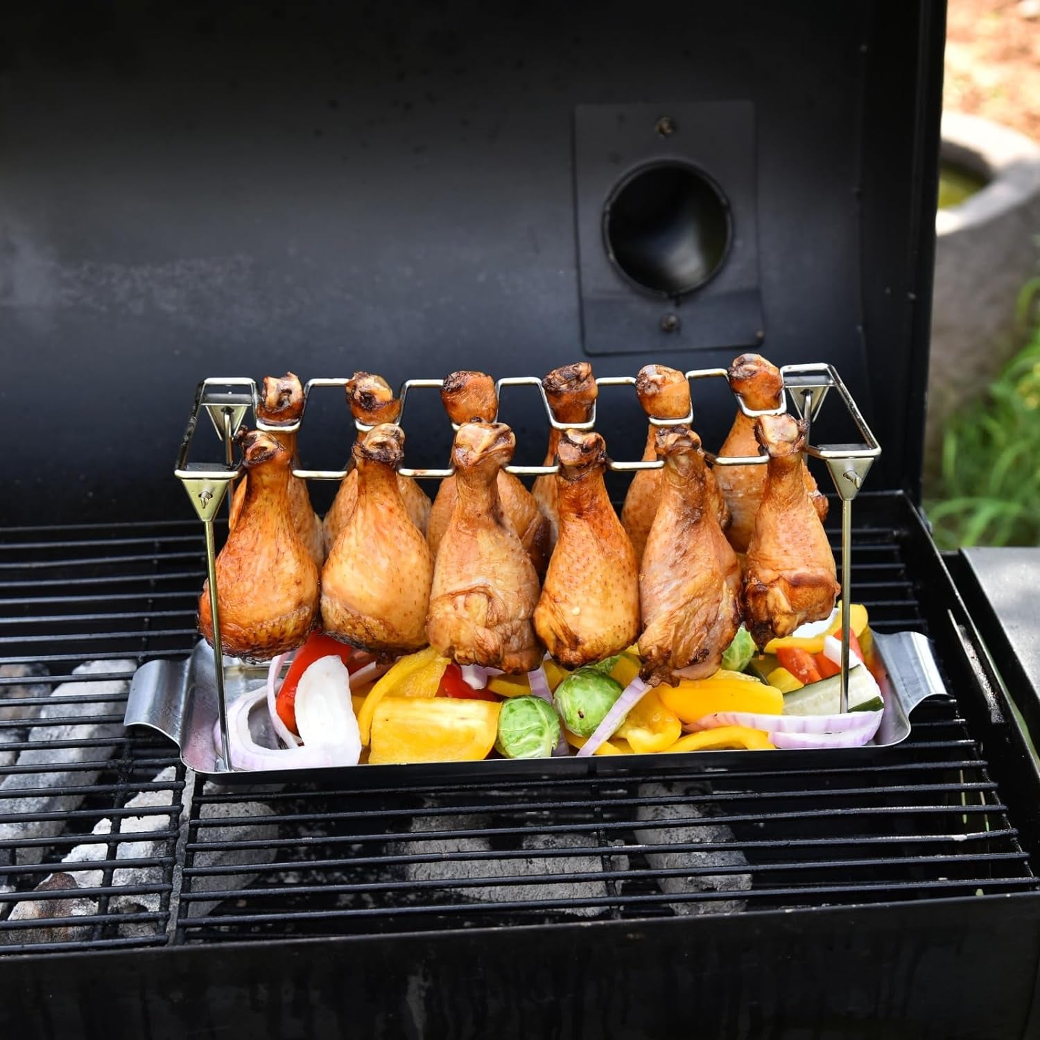 Chicken Leg Rack for Grill with Drip Tray 12 Slots Chicken Wing Rack Chicken Drumstick Holder for Grill Accessories