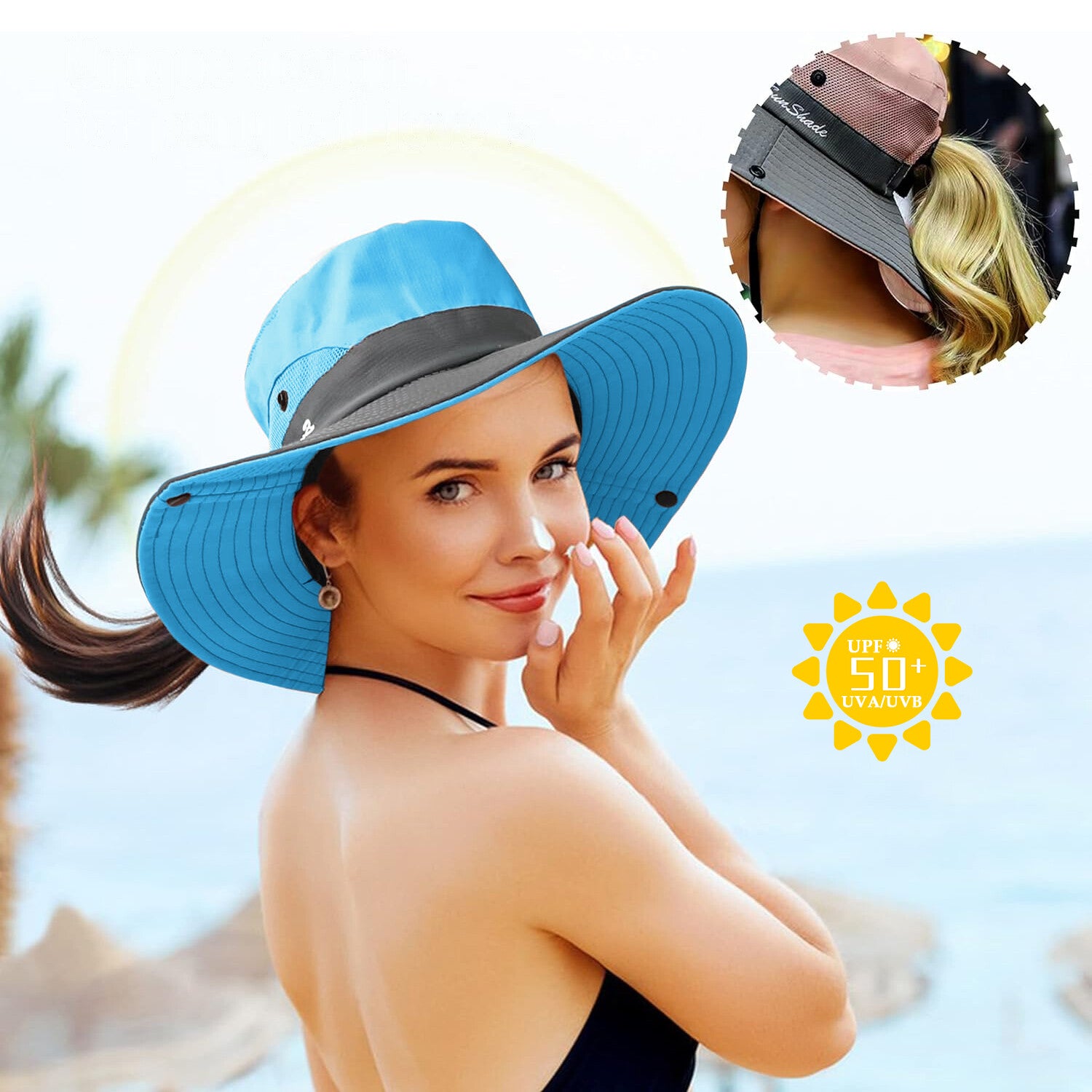 Summer Bucket Hat Boonie Women Ponytail Cap Wide Brim Sun UV Protection Travel