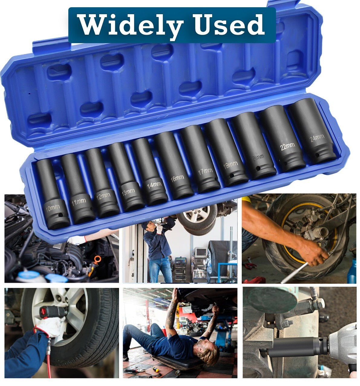 11Pcs Deep Impact Socket Set 1/2" 6Pt Drive Metric Axle Hub Nut Sockets 10-24Mm
