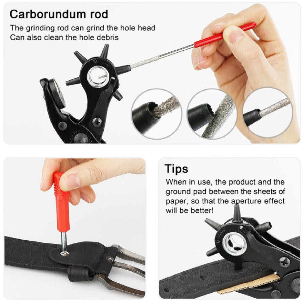 10″ Heavy-Duty Leather Hole Punch Pliers – 6-Size Belt & Strap Punch Tool