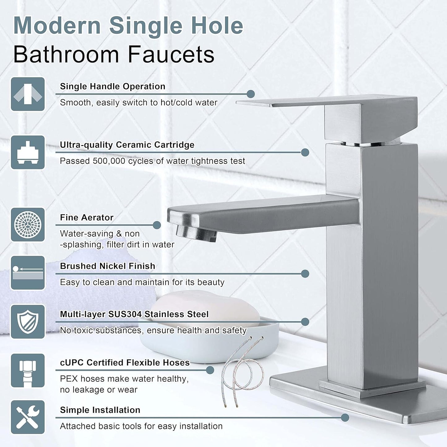 Bathroom Faucet with Drain & Hooks, Brushed Nickel Bathroom Faucets for Sink 1 O