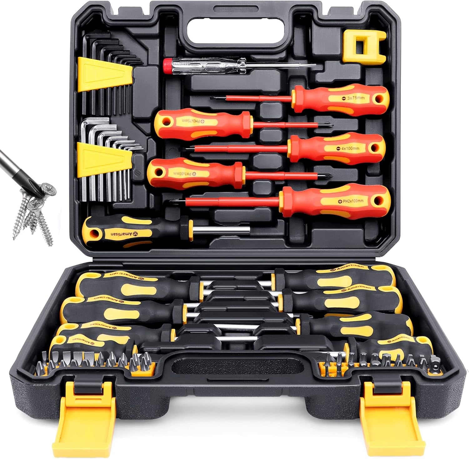  72-pieces Magnetic Screwdrivers Set with Case Includes Slotted, Phillips, Hex, Square, Pozidriv,Torx Bits and Insulated Screwdriver Set (1000V) Tools for Men