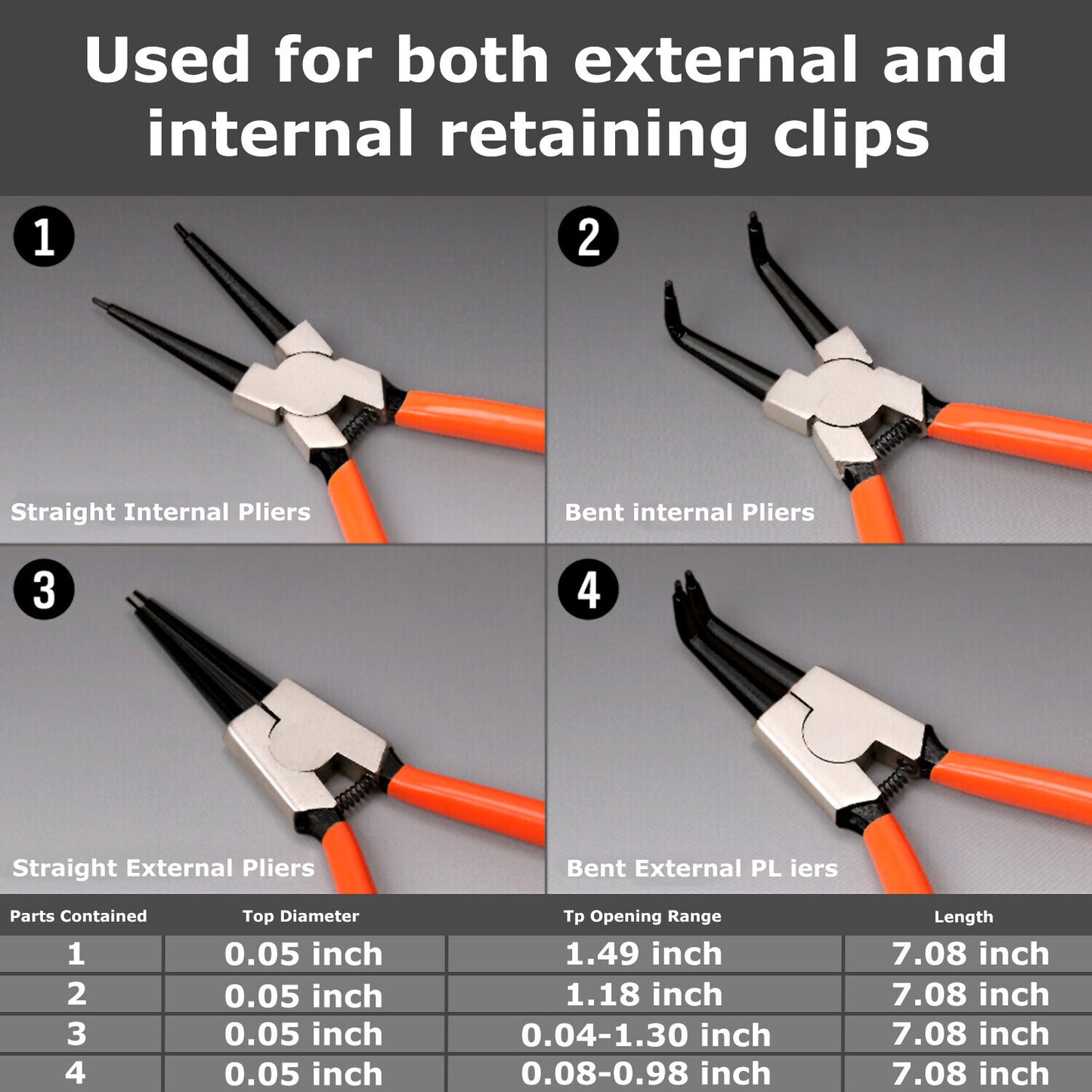 4Pcs Heavy Duty 7" Circlip Plier Snap Ring Plier External Internal Kit W/ Pouch