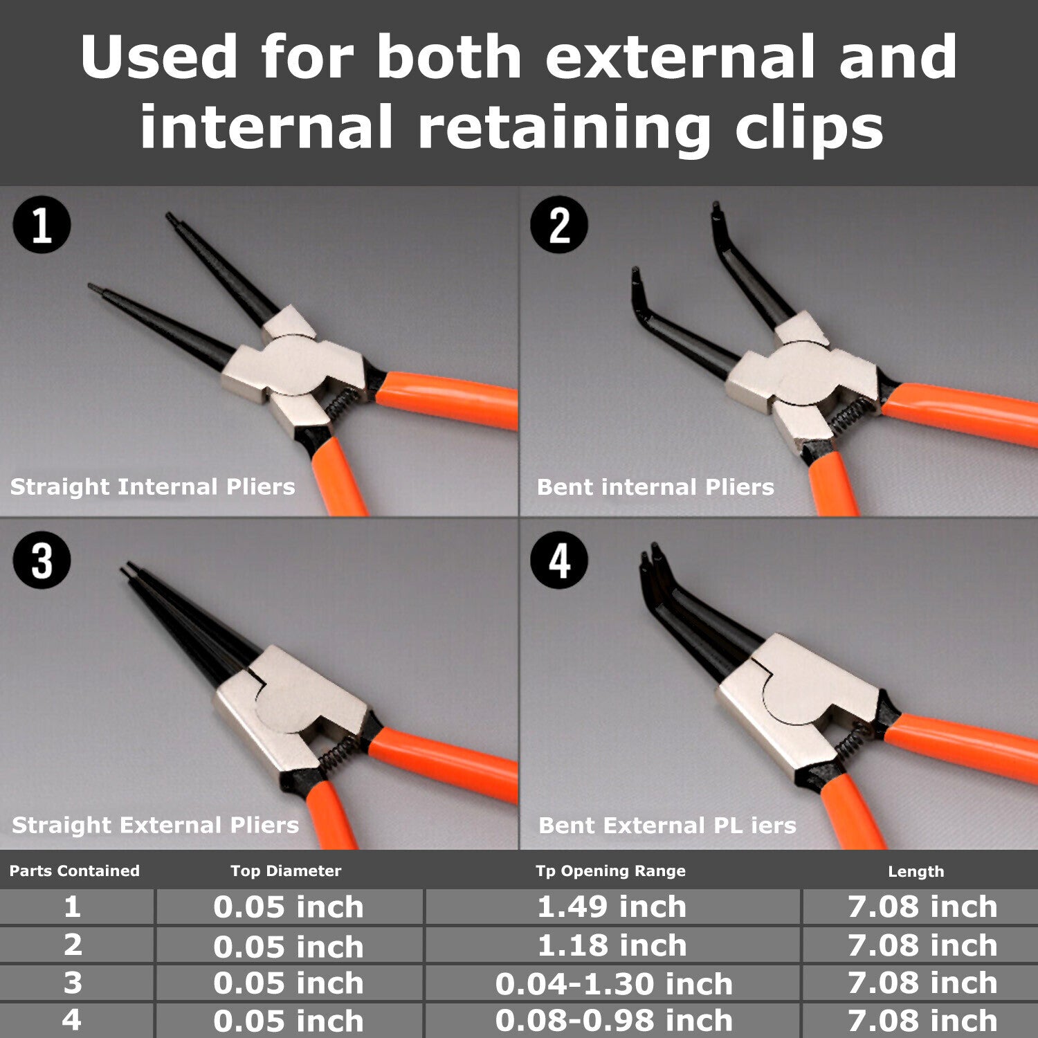 4Pcs Heavy Duty 7" Circlip Plier Snap Ring Plier External Internal Kit W/ Pouch
