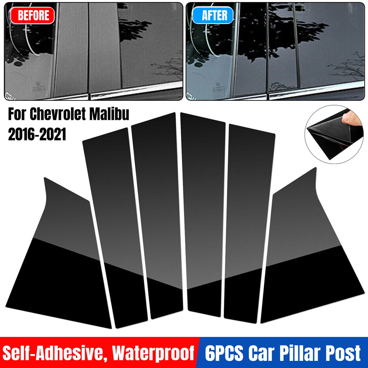 PCS Black Pillar Posts Cover Trim Kit for 2016-2021 Chevrolet Malibu – Gloss Piano Door Post Overlay
