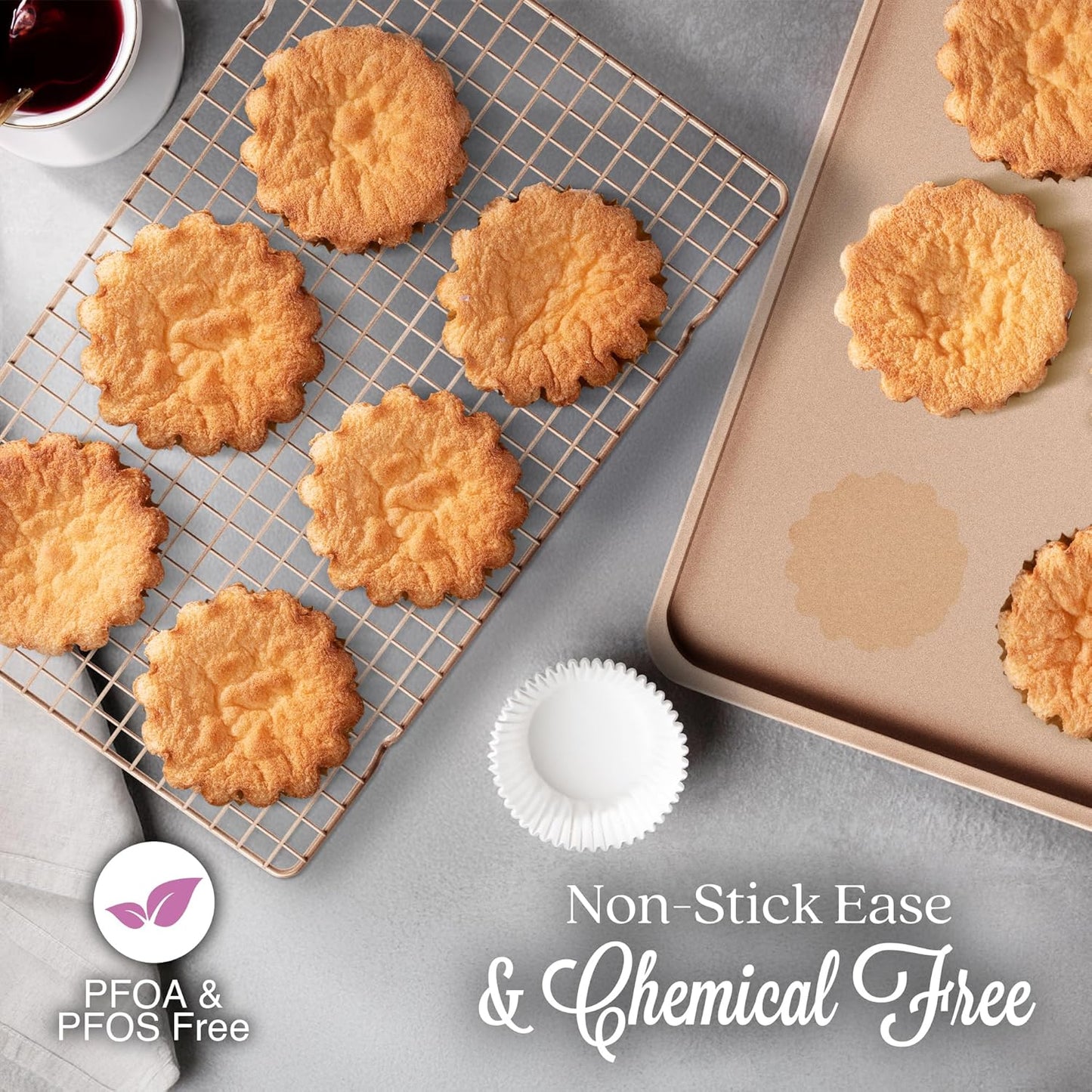 3-Piece Non-Stick Cookie Sheet Set with Cooling Rack, Half/Quarter/Jelly Roll Pans, Oven Safe