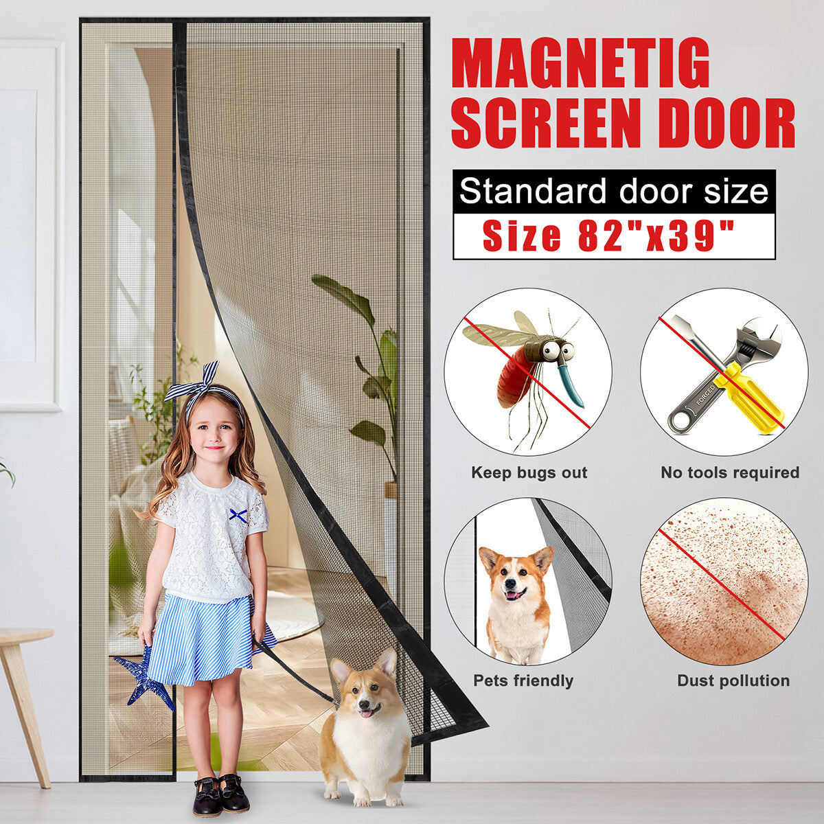 Magnetic Screen Door Mesh Curtain Heavy Duty Mosquito Net Bug Hands Free Closer