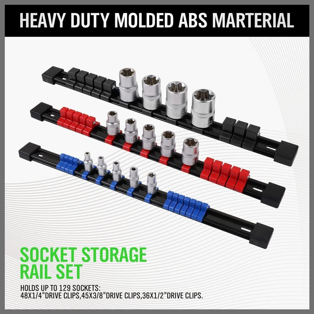 Heavy-Duty 9PCS ABS Socket Rail Holder – Wall Mount for 1/2", 3/8", 1/4" Drives