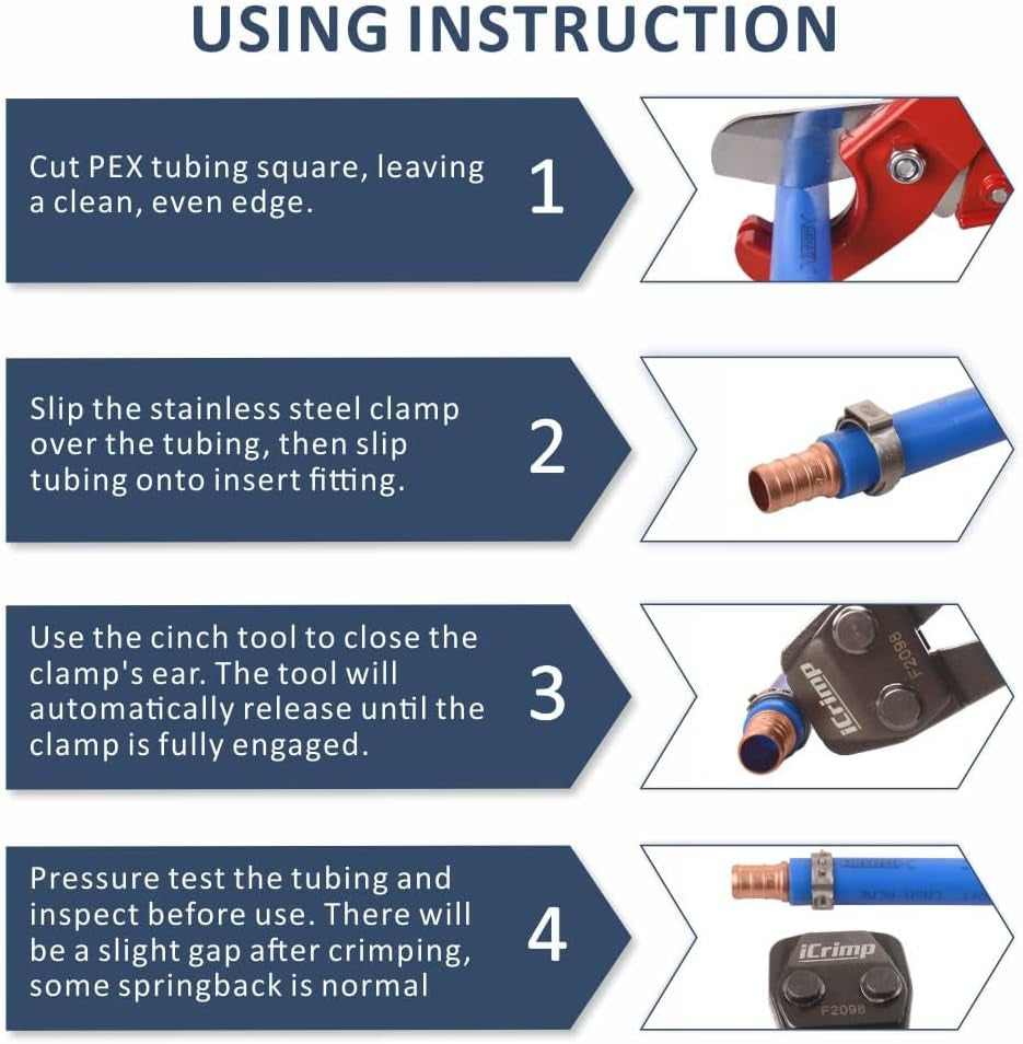 PEX Pipe Clamp Crimping Tool Kit Cinch Crimper Tool for Stainless Steel Clamps from 3/8-inch to 1-inch