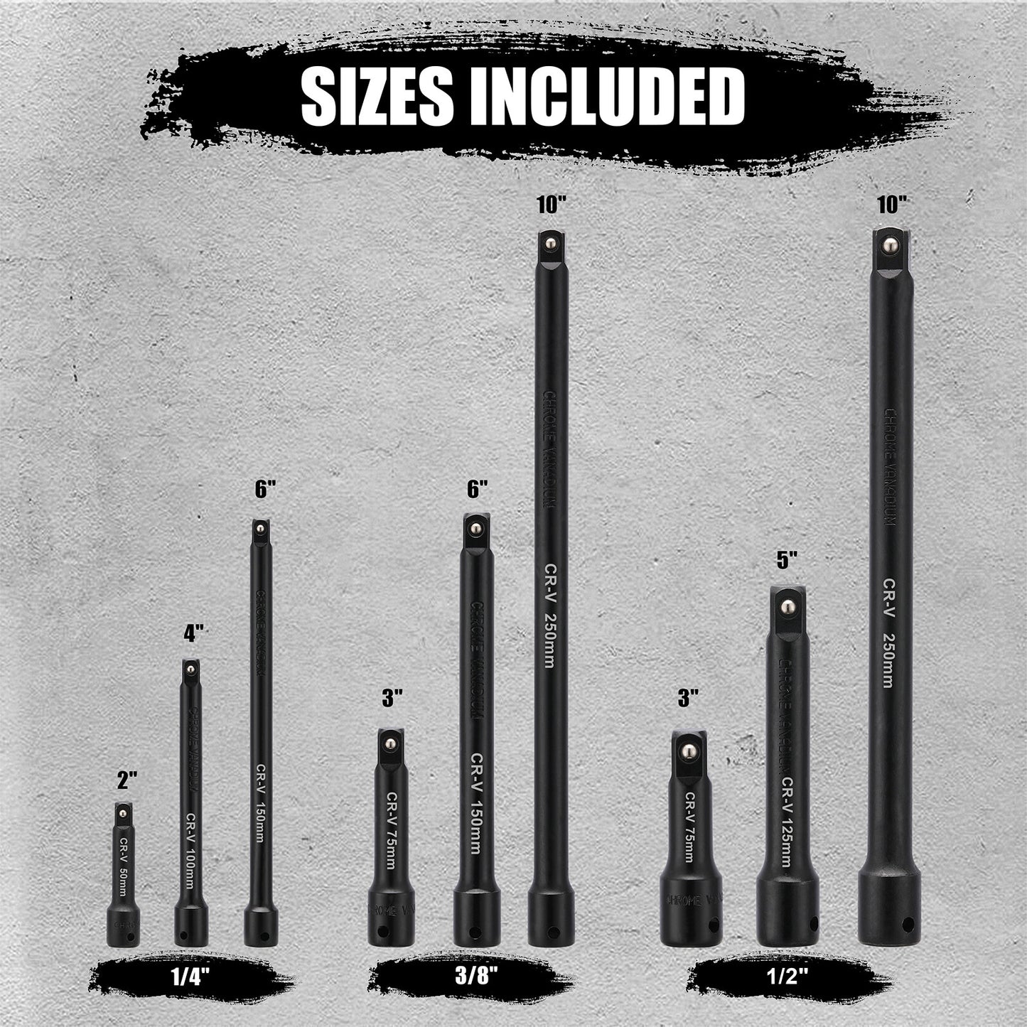 1/4",3/8",1/2" Drive Extension Bar Set, CR-V, 9 PCS Socket Extension Bars