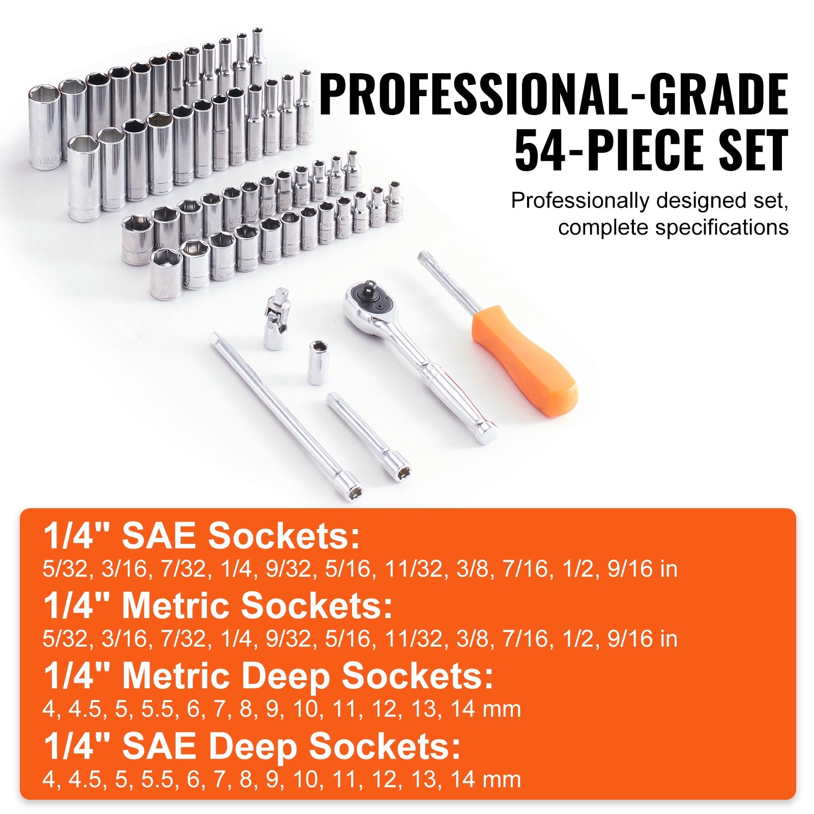Socket Set 1/4 Inch Drive Socket and Ratchet Set 6-Point 54 Pcs Tool Set
