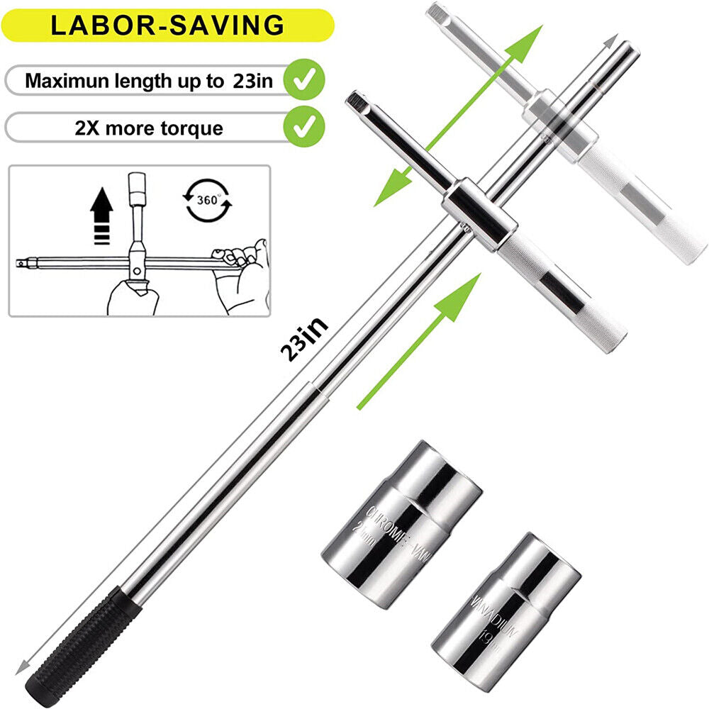 23" Universal Extended Lug Wrench, 4 Way Tire Iron Nut Wrench Set W/Socket