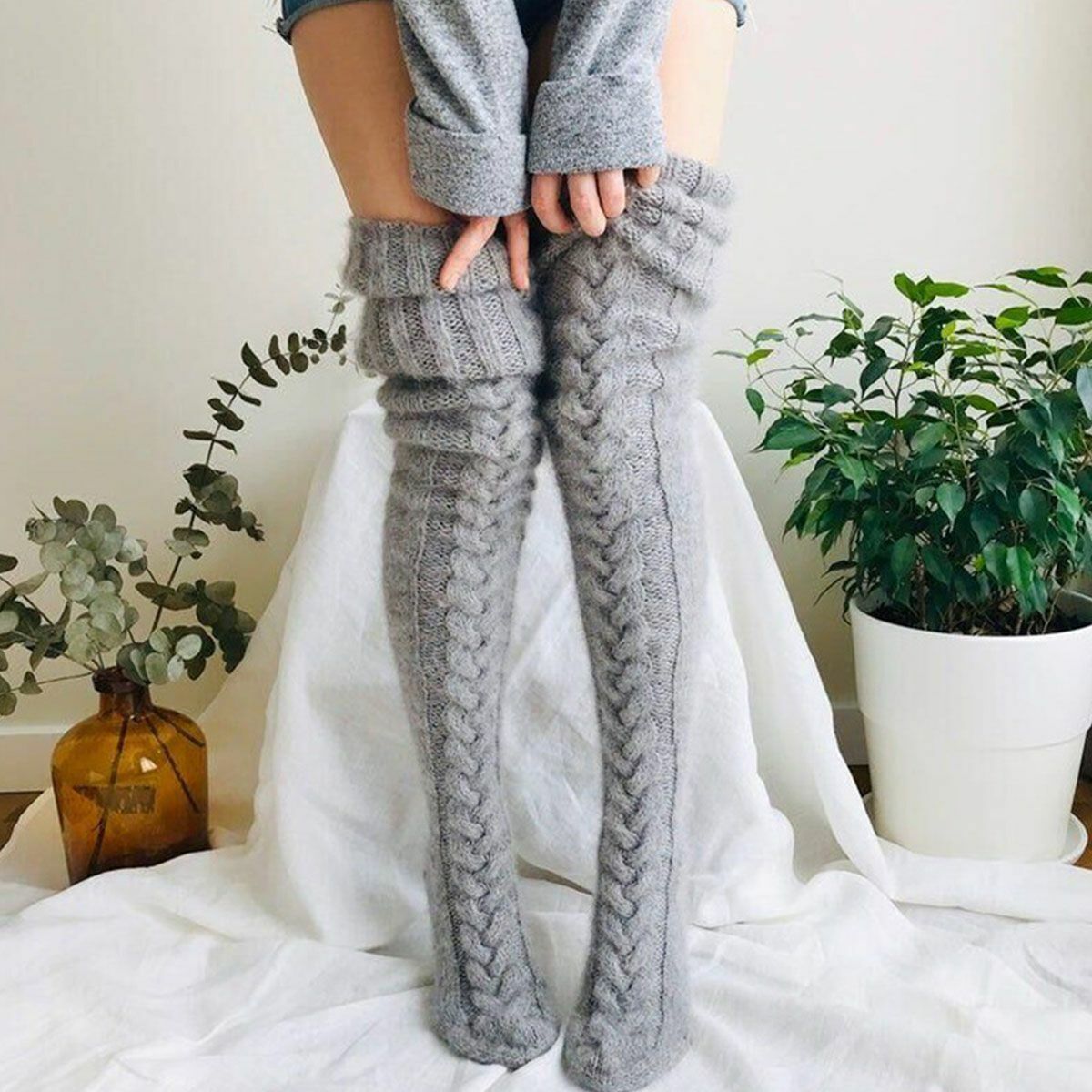Long Socks Warm over Knee High Wool Knitted Women Thick Stockings Thigh Winter