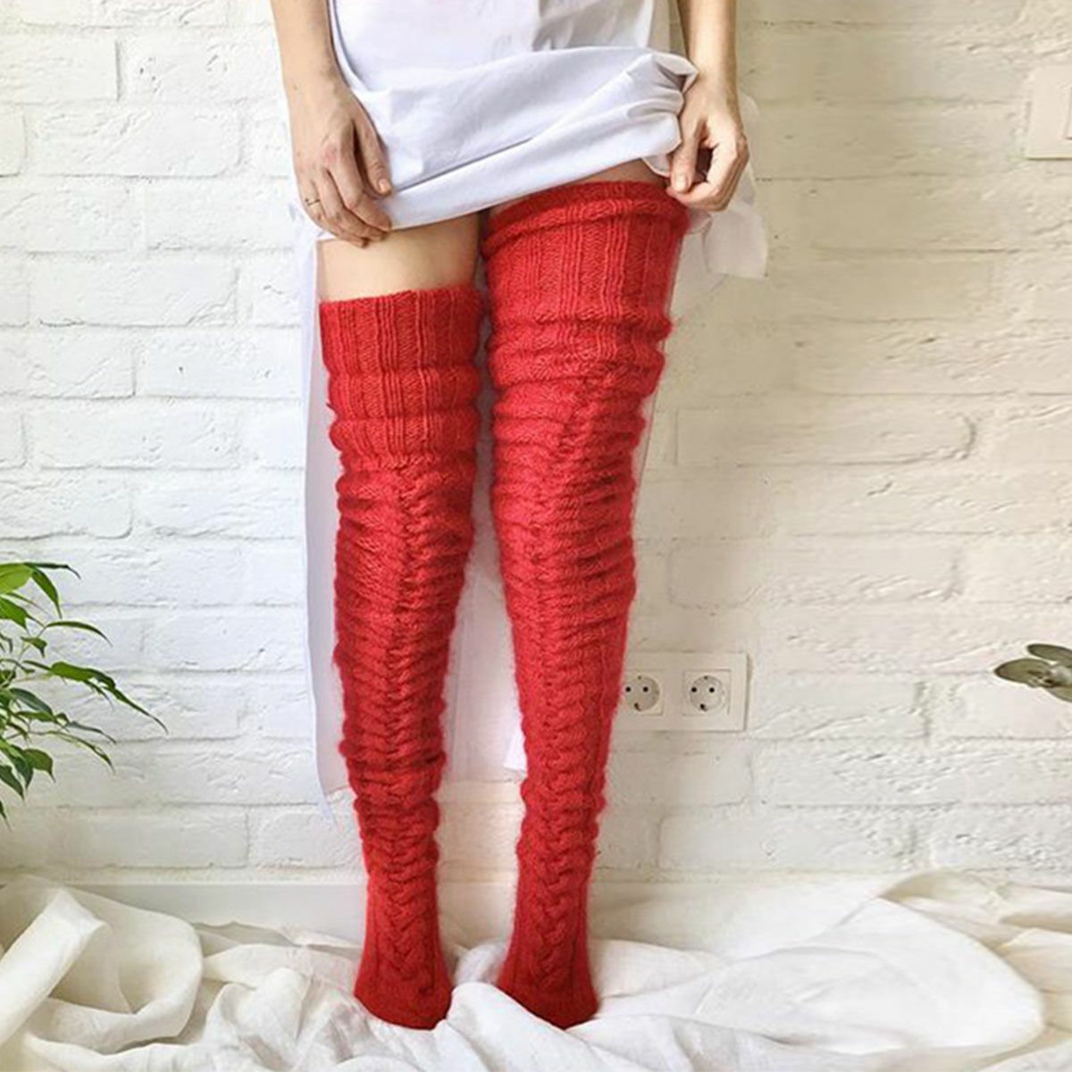 Long Socks Warm over Knee High Wool Knitted Women Thick Stockings Thigh Winter