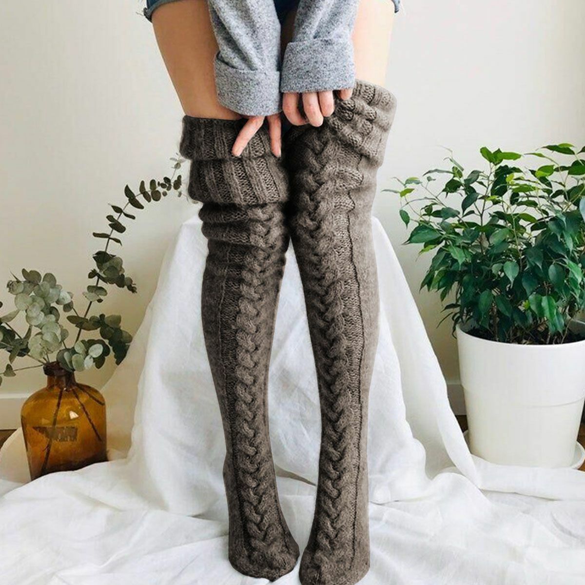 Long Socks Warm over Knee High Wool Knitted Women Thick Stockings Thigh Winter