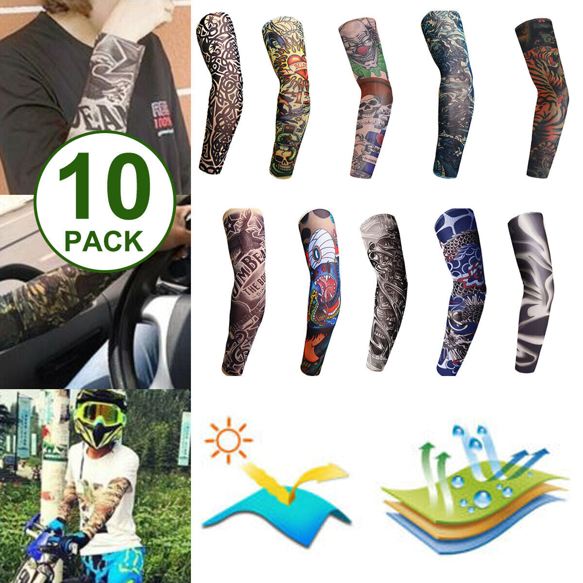 10Pcs Tattoos Cooling Arm Sleeves Cover Basketball Golf Sport UV Sun Protection