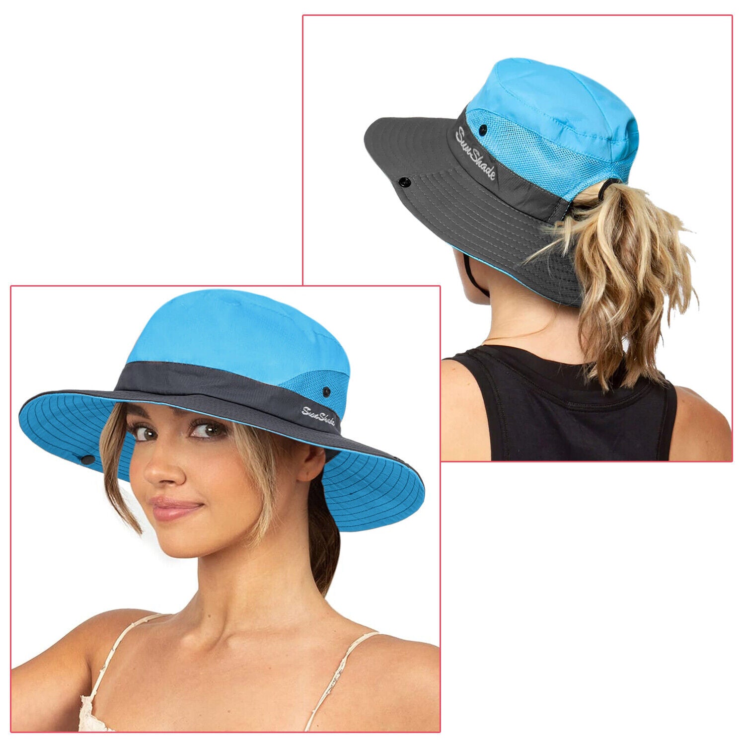 Summer Bucket Hat Boonie Women Ponytail Cap Wide Brim Sun UV Protection Travel