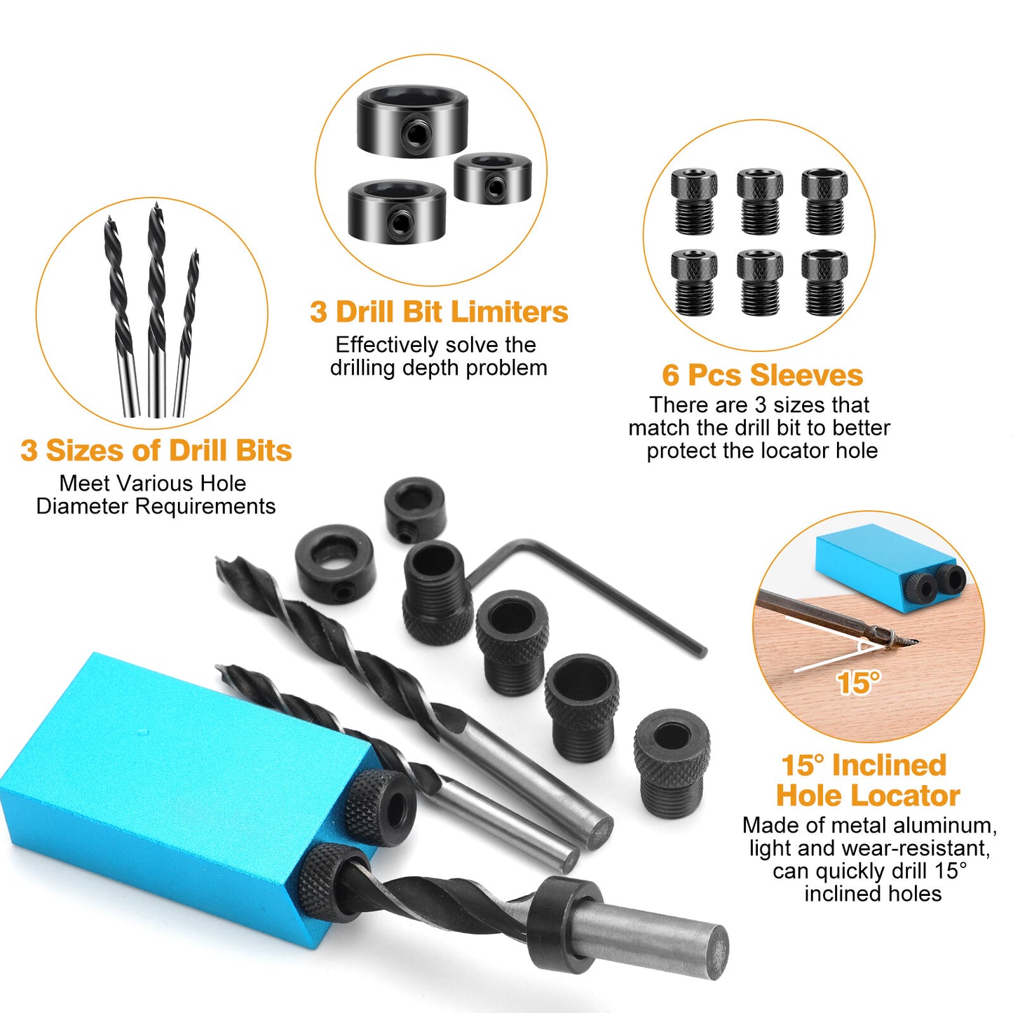 15Pcs Pocket Hole Jig 15 Degree Angle Oblique Hole Locator Dowel Drill Guide Kit