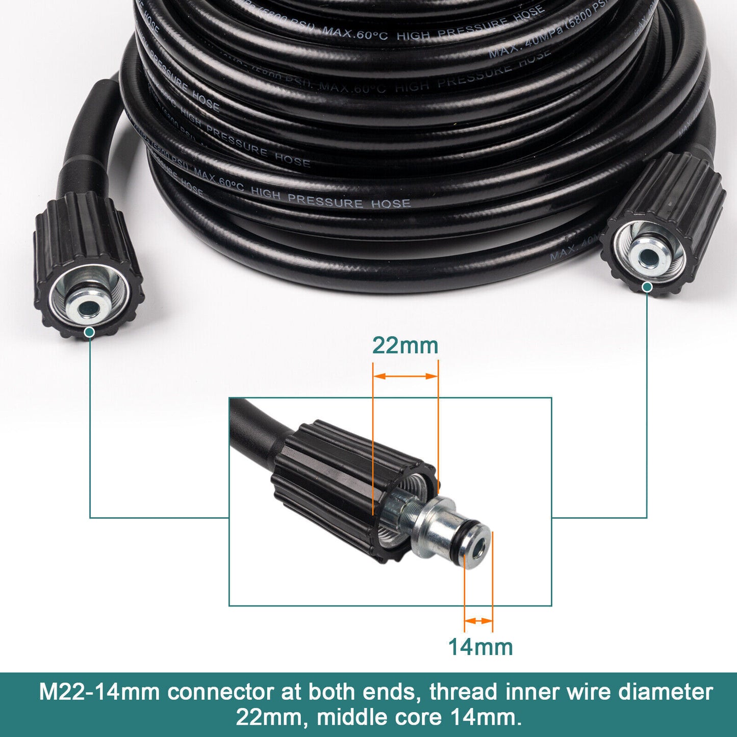 50FT High-Pressure Power Washer Hose – 5800 PSI M22 14mm Extension Replacement Hose for Pressure Washers